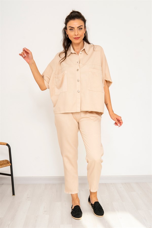 Kadın Kısa Gömlek Pantolon Takım Taş Rengi