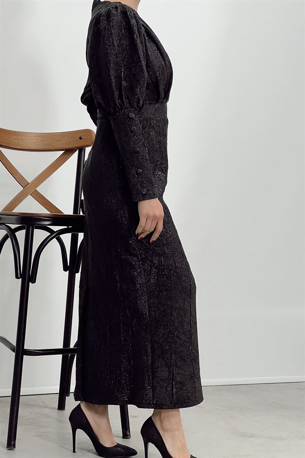 Kadın Vatkalı Balon Kol Simli Abiye Elbise Siyah